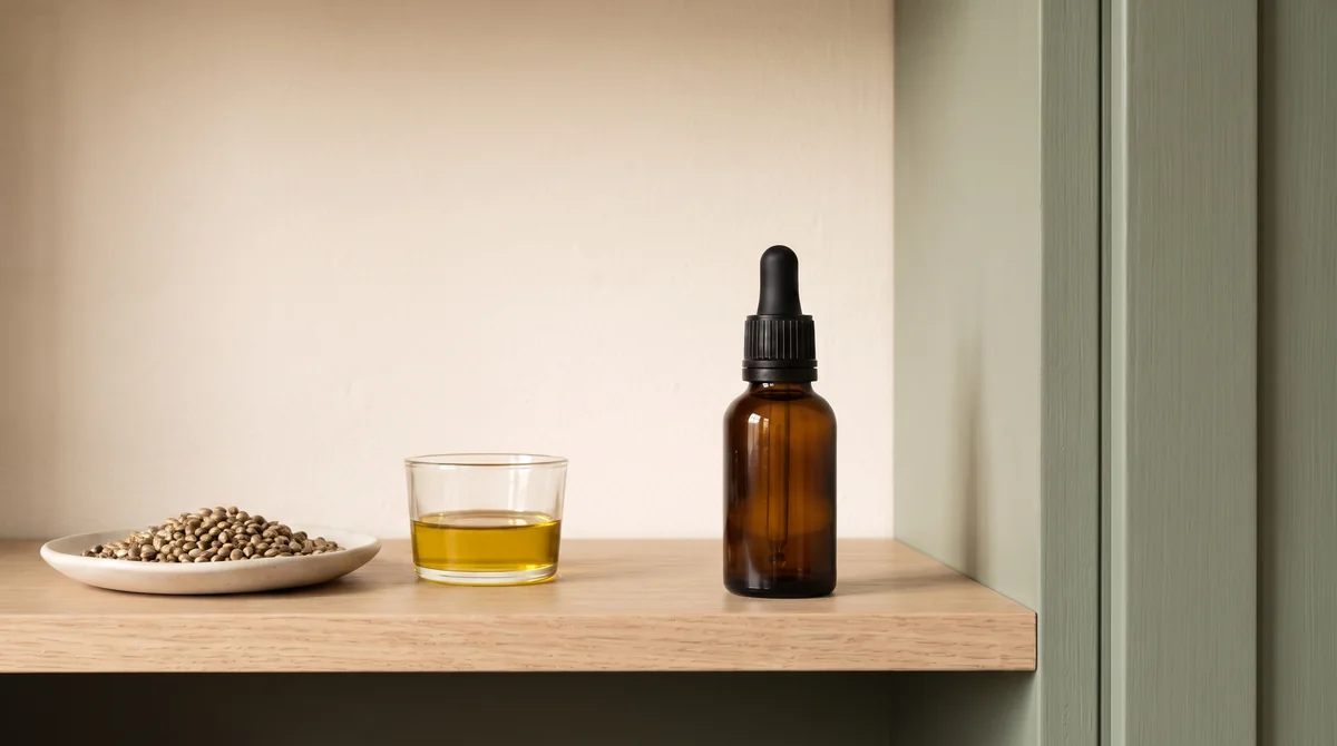 Un flacone con contagocce, un recipiente di olio e semi di canapa illustrano ingredienti diversi.