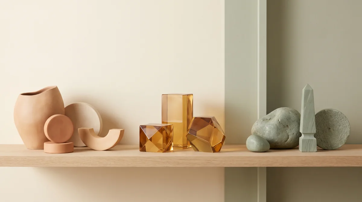 Tre gruppi di forme in ceramica, vetro e pietra rappresentano in modo astratto composizioni diverse.